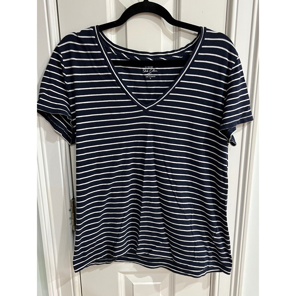 J.Crew Womens Slub Cotton V-Neck Striped T-Shirt Navy Blue White Large